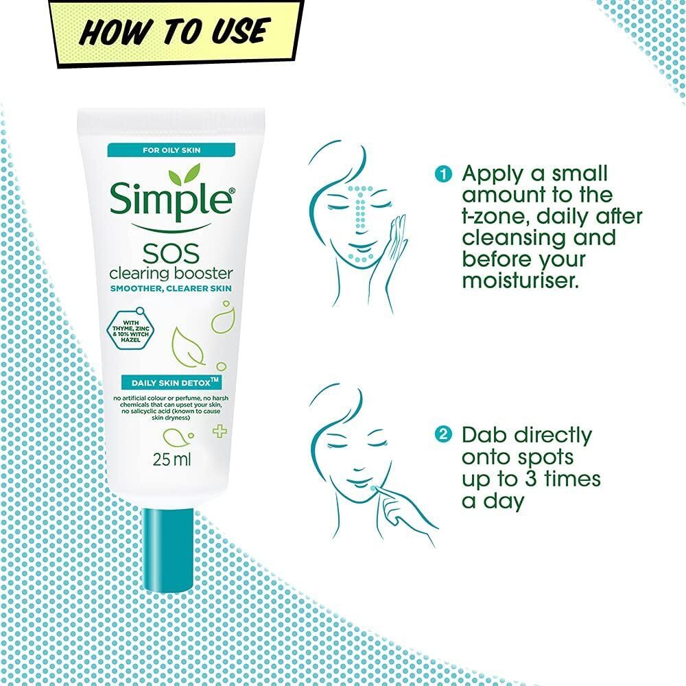 Facial Lotions & Moisturisers: 3x Simple 25ml SOS Clearing Booster Long Lasting Shine & Blemish Control