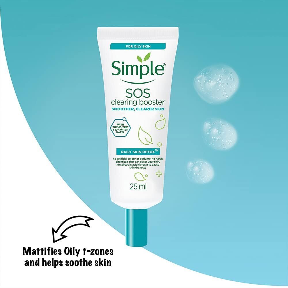 Facial Lotions & Moisturisers: 3x Simple 25ml SOS Clearing Booster Long Lasting Shine & Blemish Control