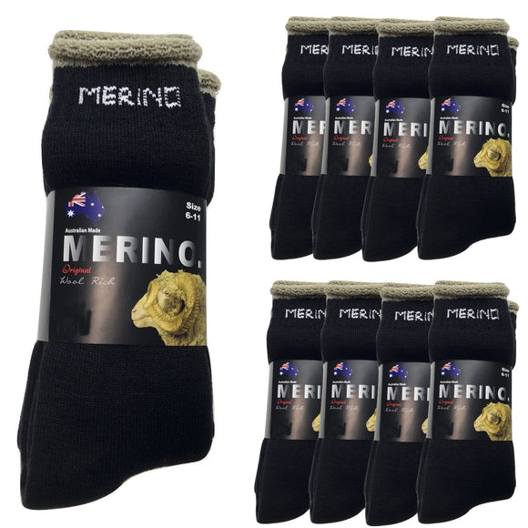 9 Pairs MERINO WOOL SOCKS Mens Heavy Duty Premium Thick Work Socks Cushion BULK - Black - 11-14