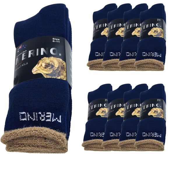 9 Pairs MERINO WOOL SOCKS Mens Heavy Duty Premium Thick Work Socks Cushion BULK - Navy Blue - 6-11