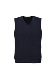 Mens Wool Blend V Neck Vest Sleeveless Double Knit  - Navy - Small