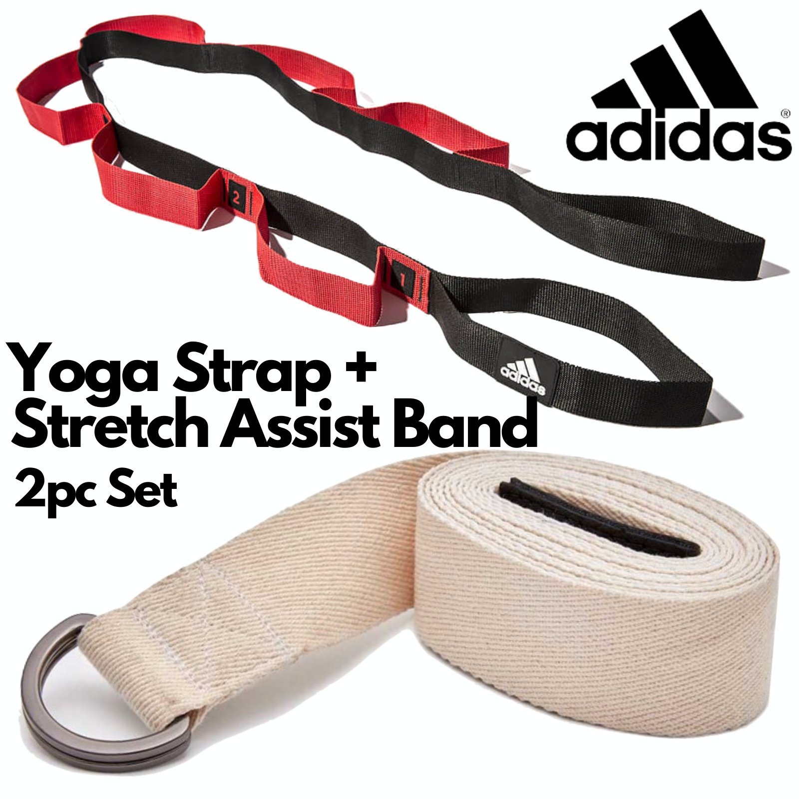 Gym Equipment & Accessories: 2pc Set Adidas Stretch Assist Band Looped + Yoga Strap 2.5m Long Adjustable Belt