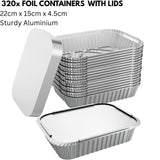320x Aluminium Disposable Foil Food Container Trays Pans w/ Lids Covers Bulk 22x15x4.5cm