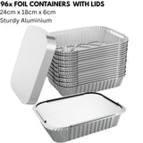 Storage Boxes: 96x Aluminium Disposable Foil Food Container Trays Pans w/ Lids Covers Bulk 24cm*18cm*6cm