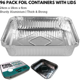 Storage Boxes: 96x Aluminium Disposable Foil Food Container Trays Pans w/ Lids Covers Bulk 24cm*18cm*6cm