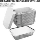 160x Aluminium Disposable Foil Food Container Trays Pans w/ Lids Covers Bulk 32cm*26cm*6.3cm