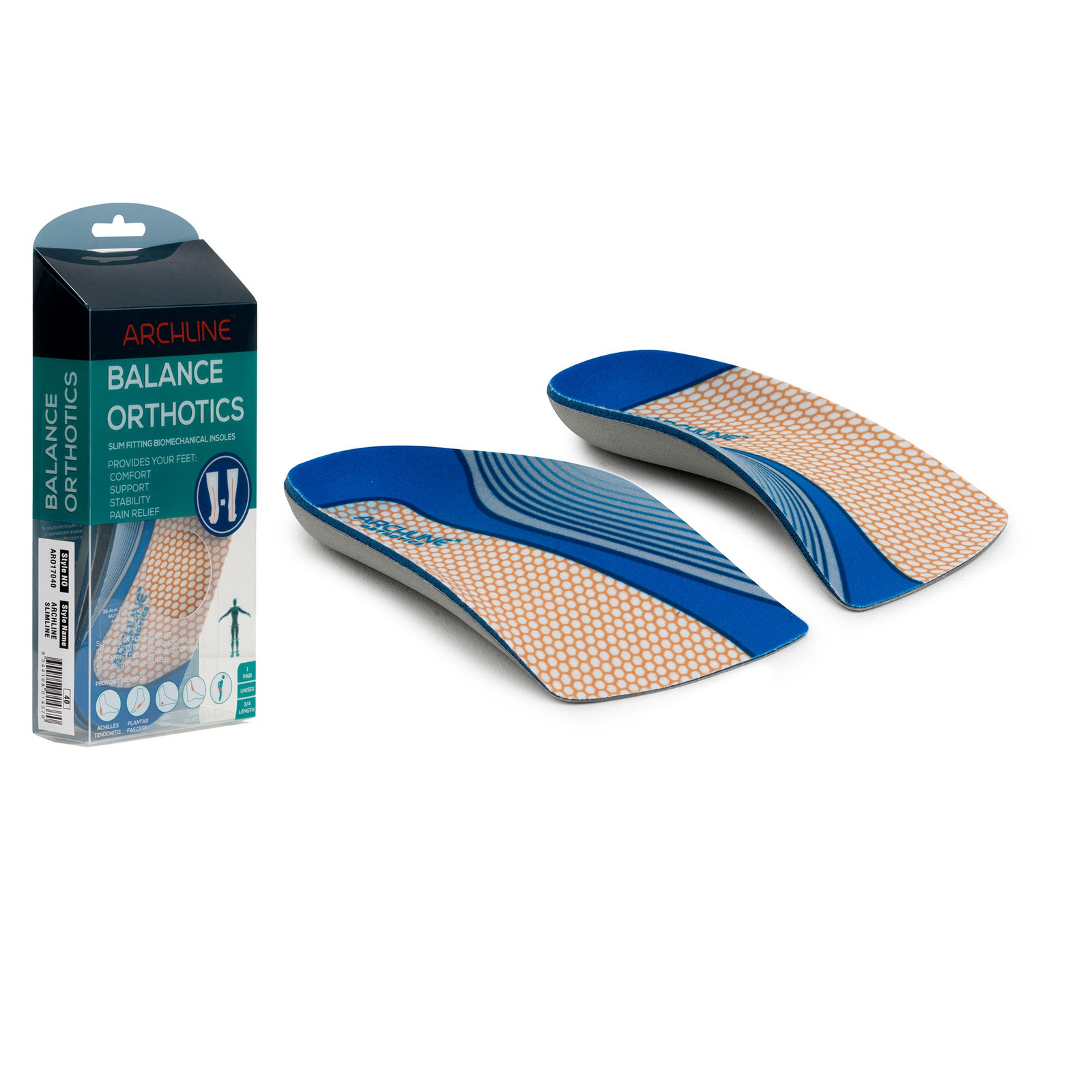 ARCHLINE 3/4 Slim Orthotics Plantar Fasciitis Insoles Balance Support Relief - EUR 38