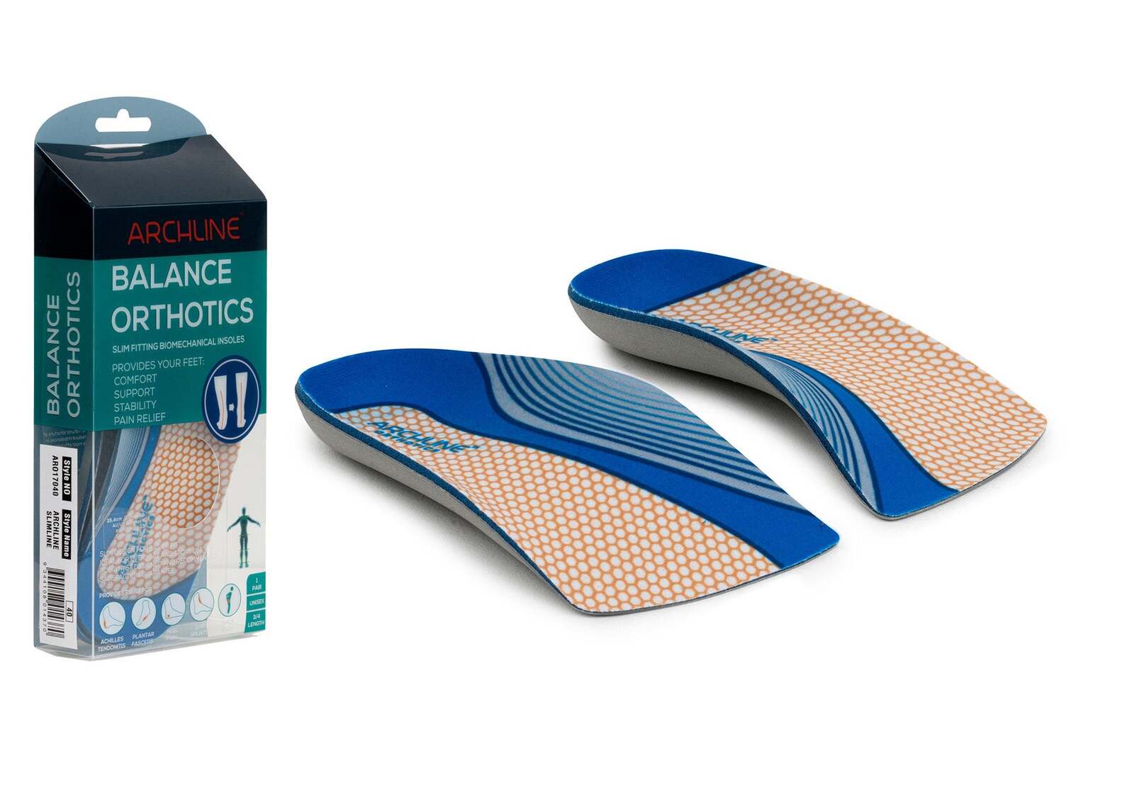 ARCHLINE 3/4 Slim Orthotics Plantar Fasciitis Insoles Balance Support Relief - EUR 40