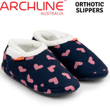 ARCHLINE Orthotic Slippers CLOSED Arch Scuffs Moccasins Pain Relief in Navy Hearts - EUR39