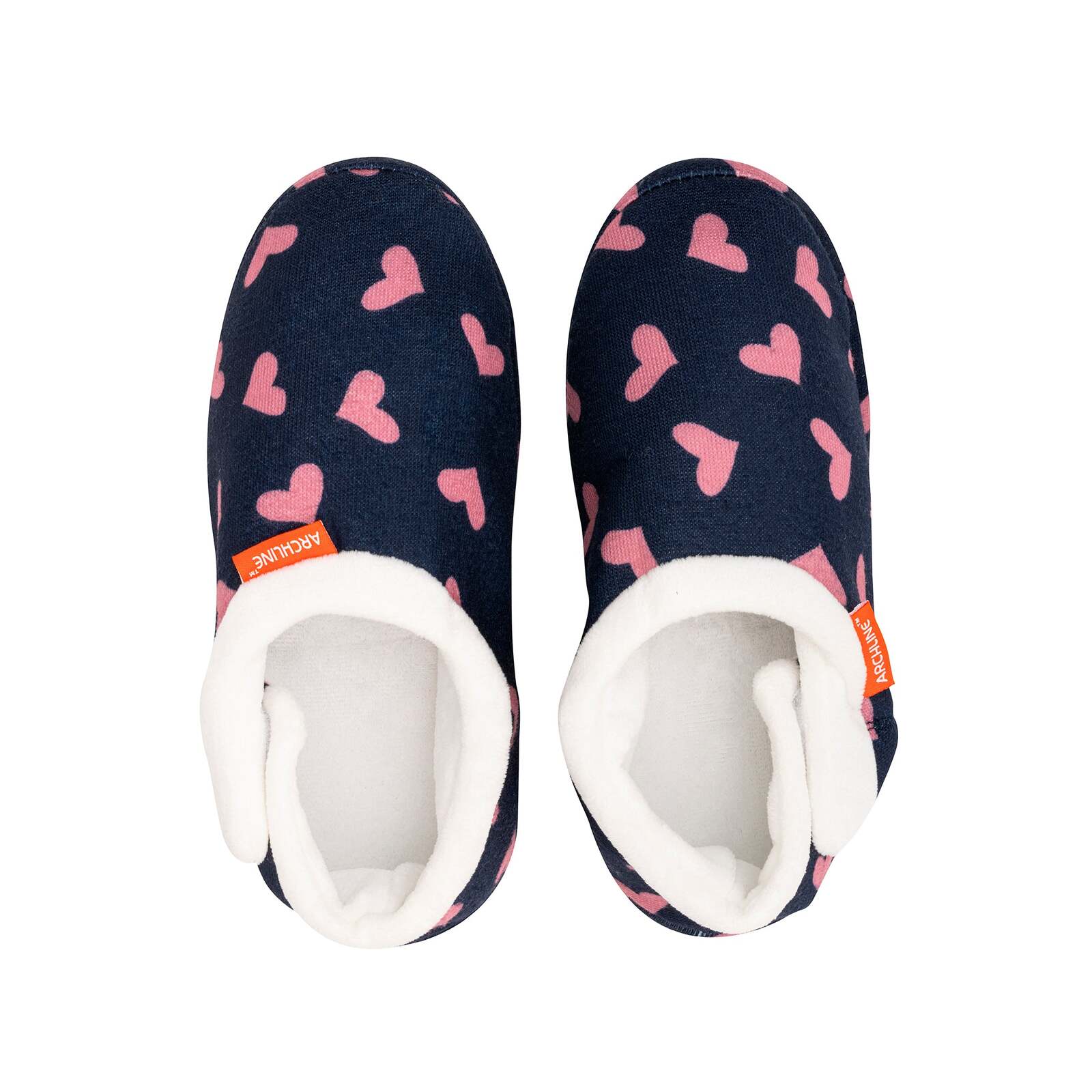 ARCHLINE Orthotic Slippers CLOSED Arch Scuffs Moccasins Pain Relief in Navy Hearts - EUR39