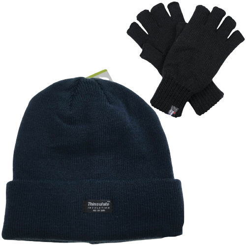 Men's Hats & Caps: Dents 2pcs Set Mens 3M Thinsulate Pull-On Beanie + Knitted Fingerless Gloves