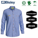 Men's Shirts: BISLEY Insect Protection Repellent Long Sleeve Casual Shirt Fishing Camping - Blue - S
