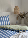 100% Cotton Duvet Quilt Cover Set w/ 2 Pillow Cases in Reversible Blue/Green/White Stripe - Double