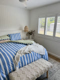 100% Cotton Duvet Quilt Cover Set w/ 2 Pillow Cases in Reversible Blue/Green/White Stripe - Single