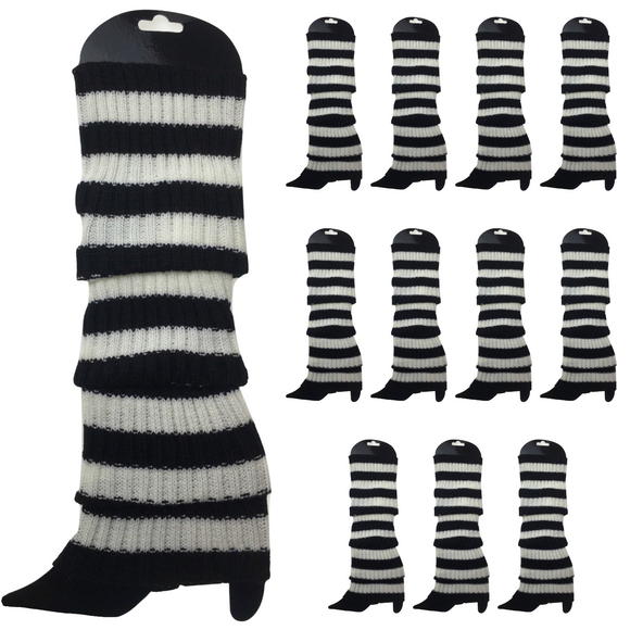 12x LEG WARMERS Knitted Womens Costume Neon Dance Party Knit 80s BULK - Black/White Stripe
