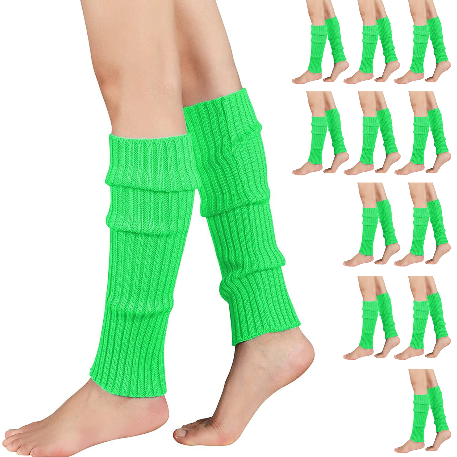 Women's Socks & Hosiery: 12x LEG WARMERS Knitted Womens Costume Neon Dance Party Knit 80s BULK - Fluro Green