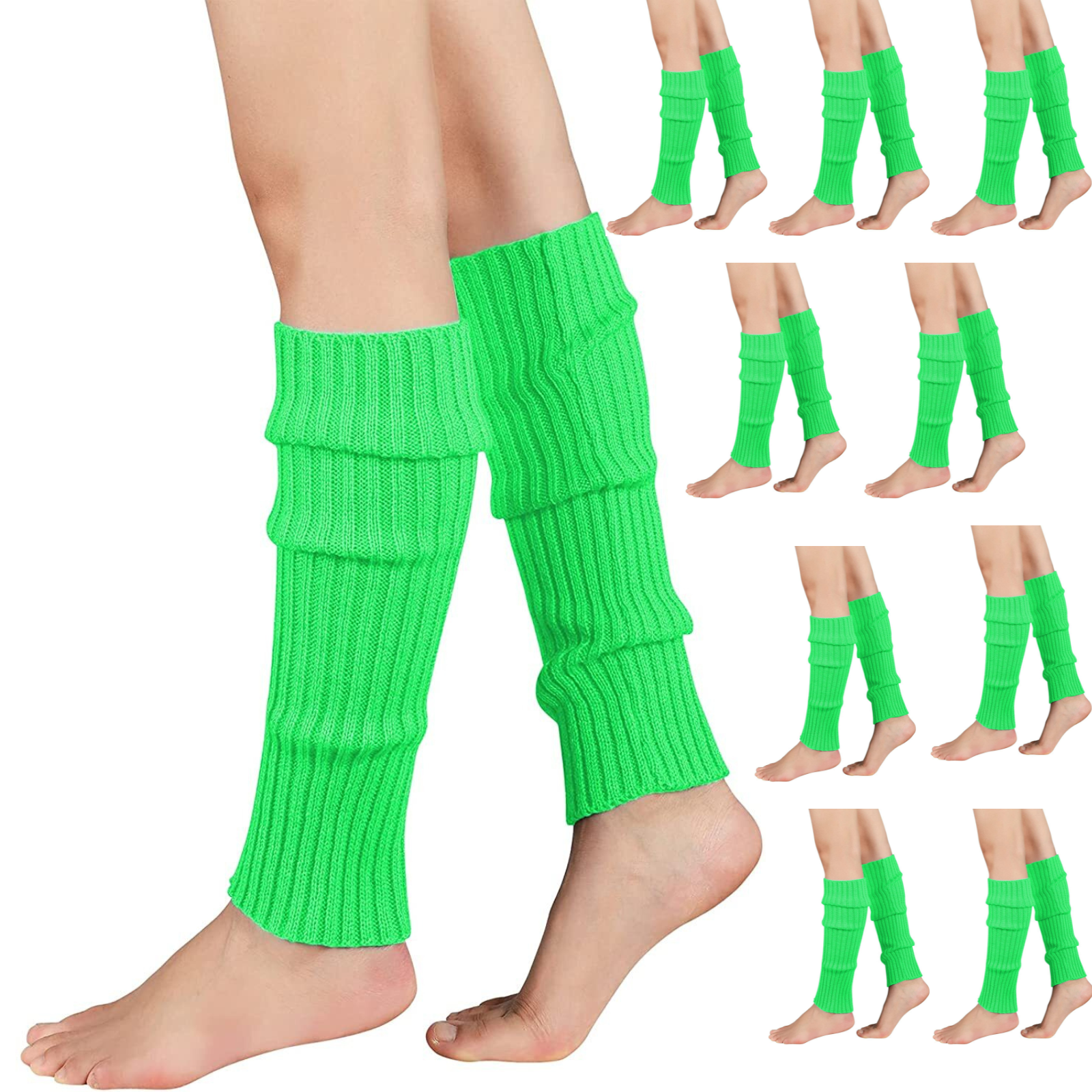 Women's Socks & Hosiery: 12x LEG WARMERS Knitted Womens Costume Neon Dance Party Knit 80s BULK - Fluro Green