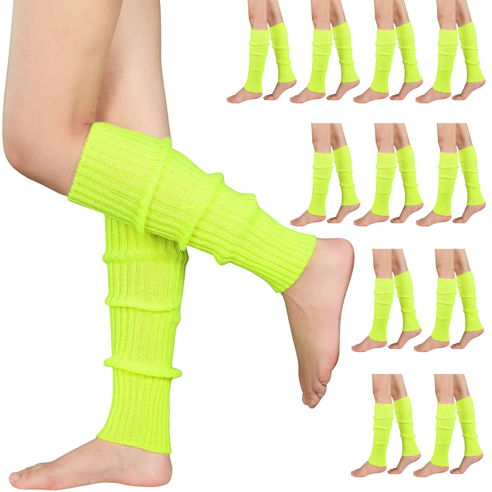 Women's Socks & Hosiery: 12x LEG WARMERS Knitted Womens Costume Neon Dance Party Knit 80s BULK - Fluro Yellow