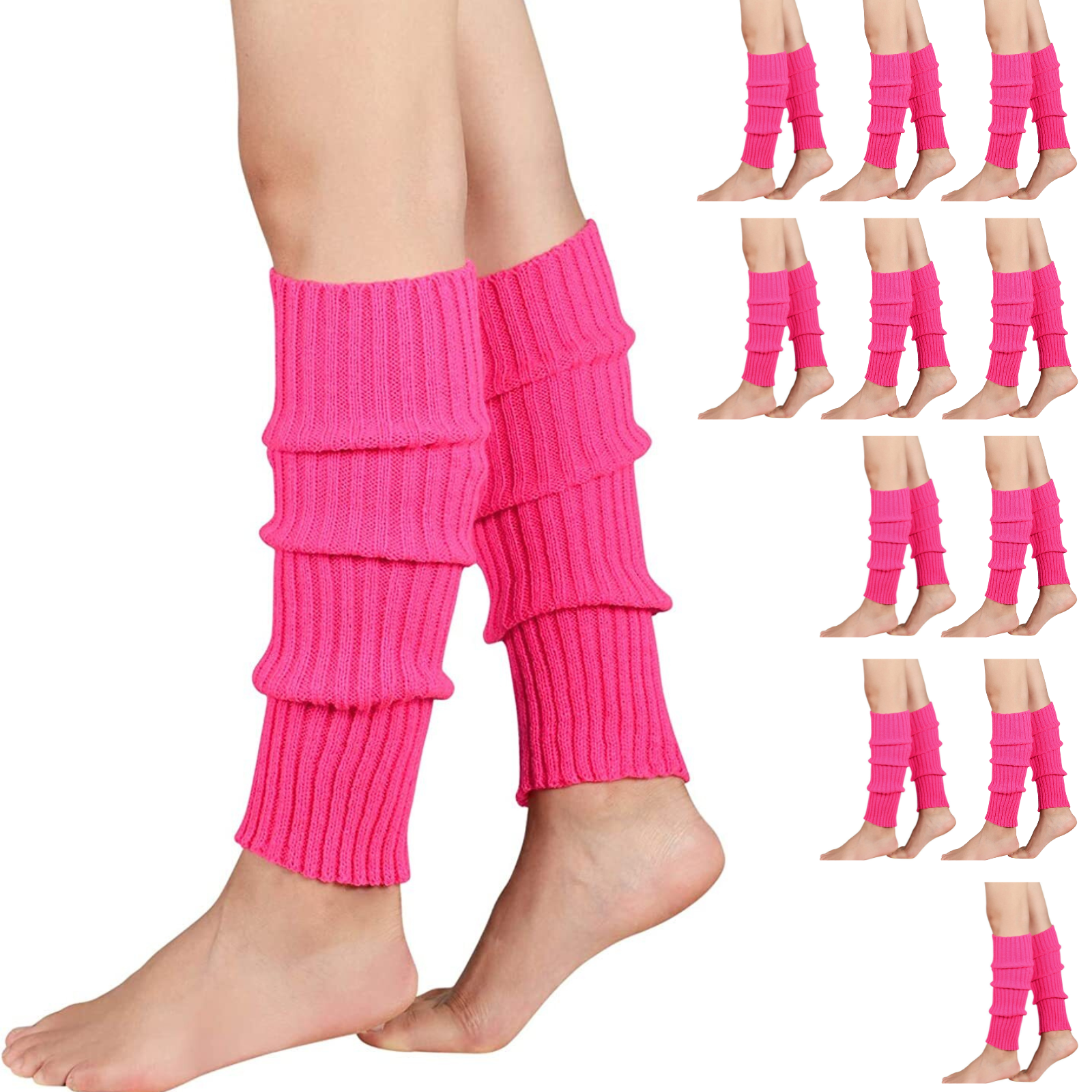 Women's Socks & Hosiery: 12x LEG WARMERS Knitted Womens Costume Neon Dance Party Knit 80s BULK - Hot Pink
