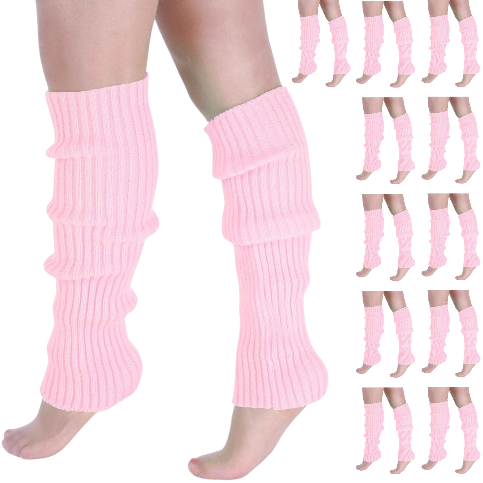 Women's Socks & Hosiery: 12x LEG WARMERS Knitted Womens Costume Neon Dance Party Knit 80s BULK - Light Pink
