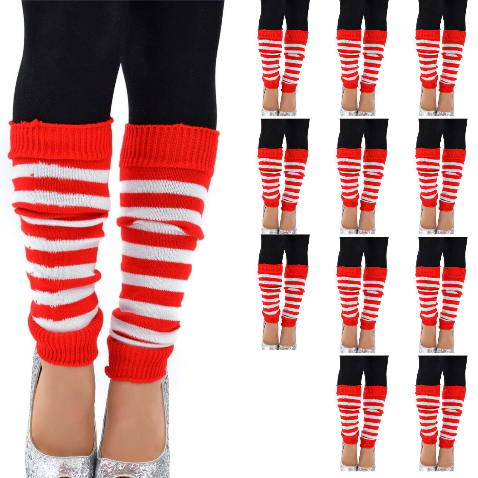 Women's Socks & Hosiery: 12x LEG WARMERS Knitted Womens Costume Neon Dance Party Knit 80s BULK - Red/White Stripe