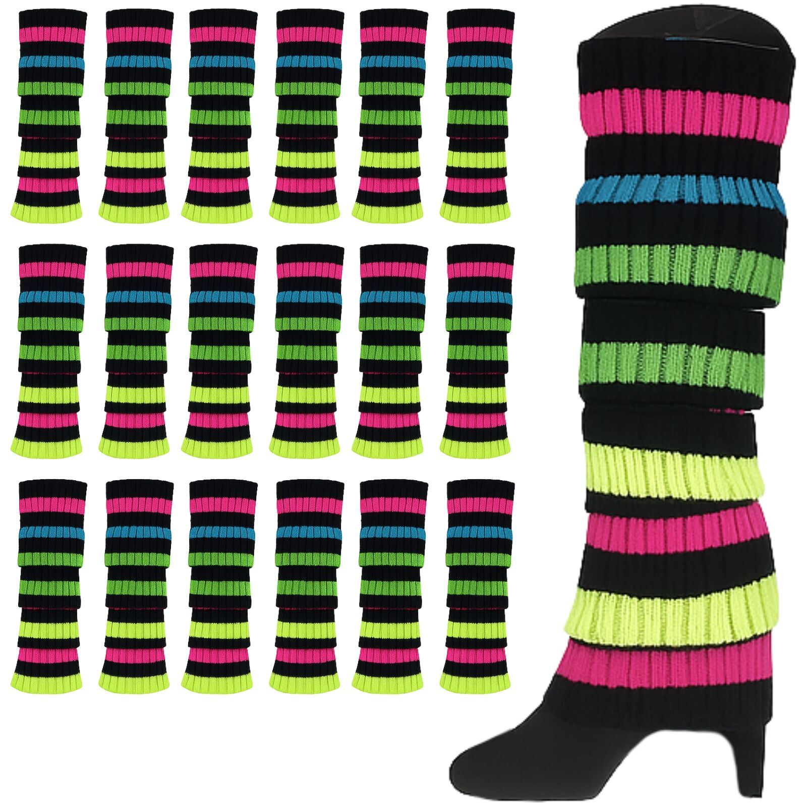 Women's Socks & Hosiery: 24x Womens Leg Warmers Disco Winter Knit Dance Party Crochet Legging Socks Costume - Rainbow with Black Stripe