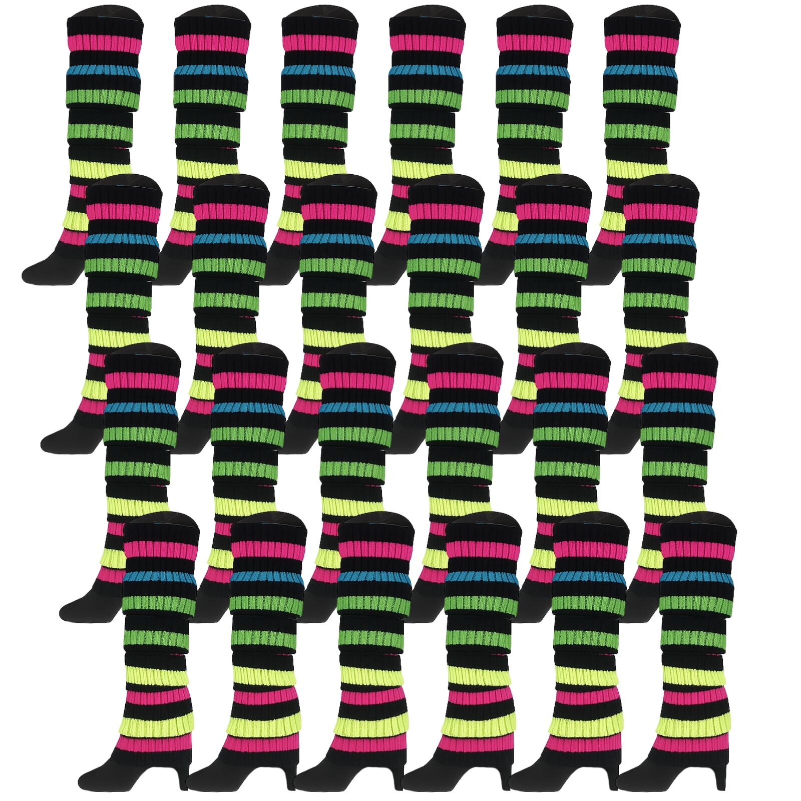 Women's Socks & Hosiery: 24x Womens Leg Warmers Disco Winter Knit Dance Party Crochet Legging Socks Costume - Rainbow with Black Stripe