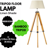 Floor Lamps: LARGE TRIPOD FLOOR LAMP Linen Shade Modern Light Bamboo Vintage Wooden Retro