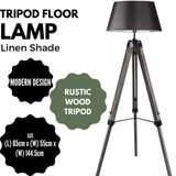 Floor Lamps: LARGE TRIPOD FLOOR LAMP Linen Shade Modern Light Retro Vintage Wooden