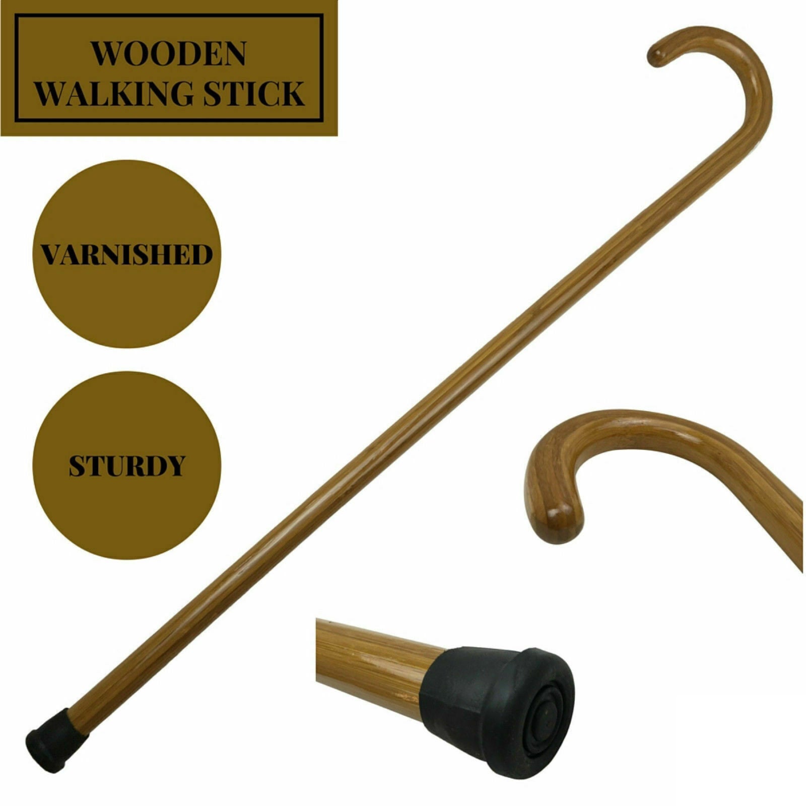 Supports & Braces: 92cm WOODEN WALKING STICK Wood Cane Pole Carved Varnished Deluxe Quality Sturdy - Brown