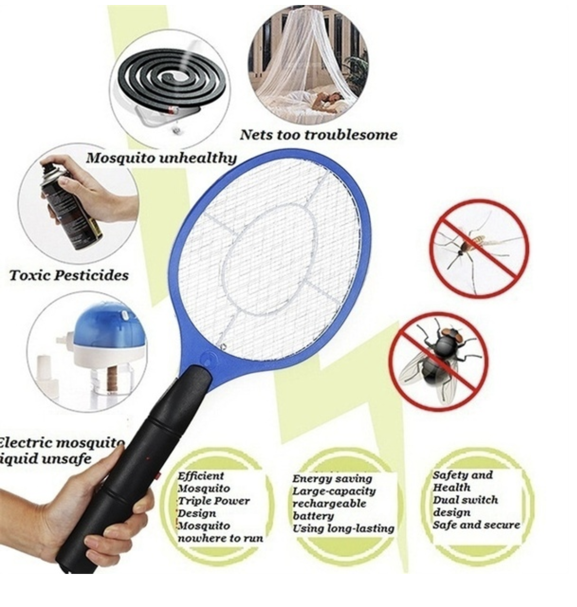 Household Insect Repellents: BUG ZAPPER RACKET Fly Mosquito Pest Swatter Net Racquet Electric Insect Killer