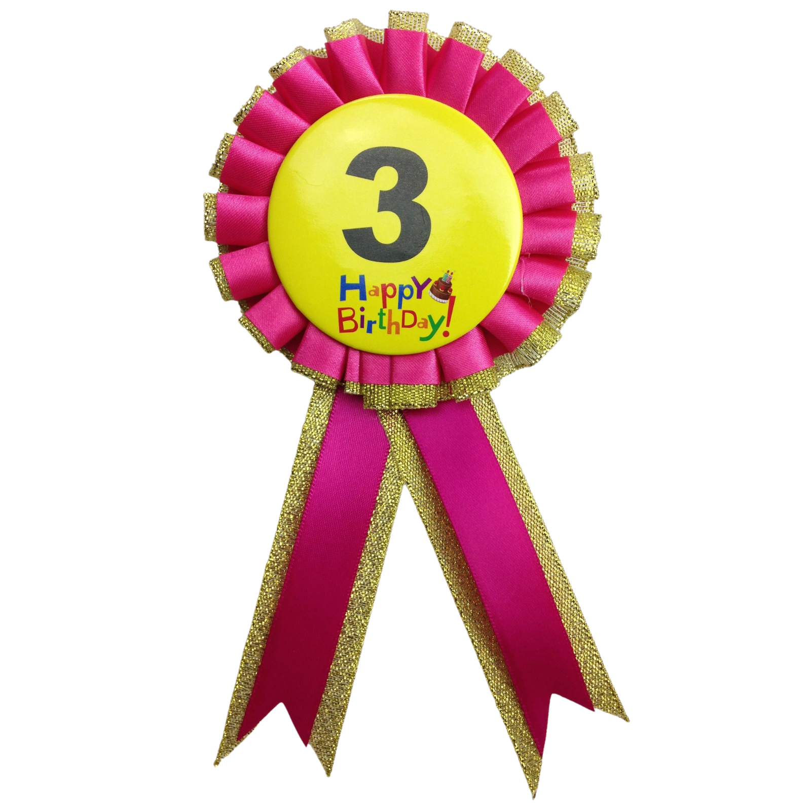 Kids Birthday Badge Rosette with Ribbon Party Favour Fancy Dress - Age 3 Pink