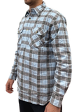 Mens Flannelette Long Sleeve Pullover Shirt 100% Cotton Flannel - Half Placket - Sky Blue/Grey Check - M
