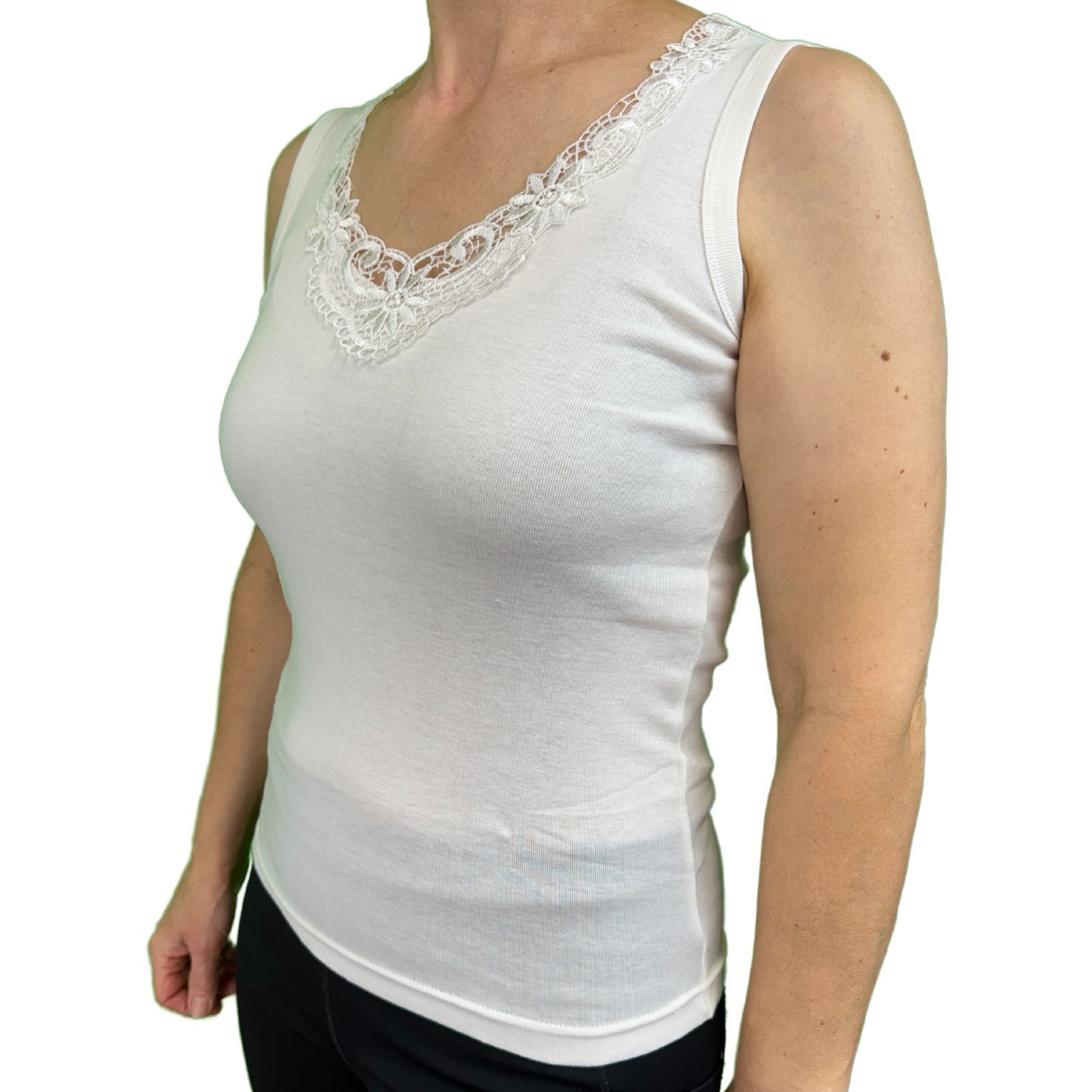 Ladies Sleeveless Singlet Top Womens Summer Basic Tank Shirt Lace Motif Front - Natural - 10-12