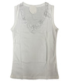 Ladies Sleeveless Singlet Top Womens Summer Basic Tank Shirt Lace Motif Front - Natural - 10-12