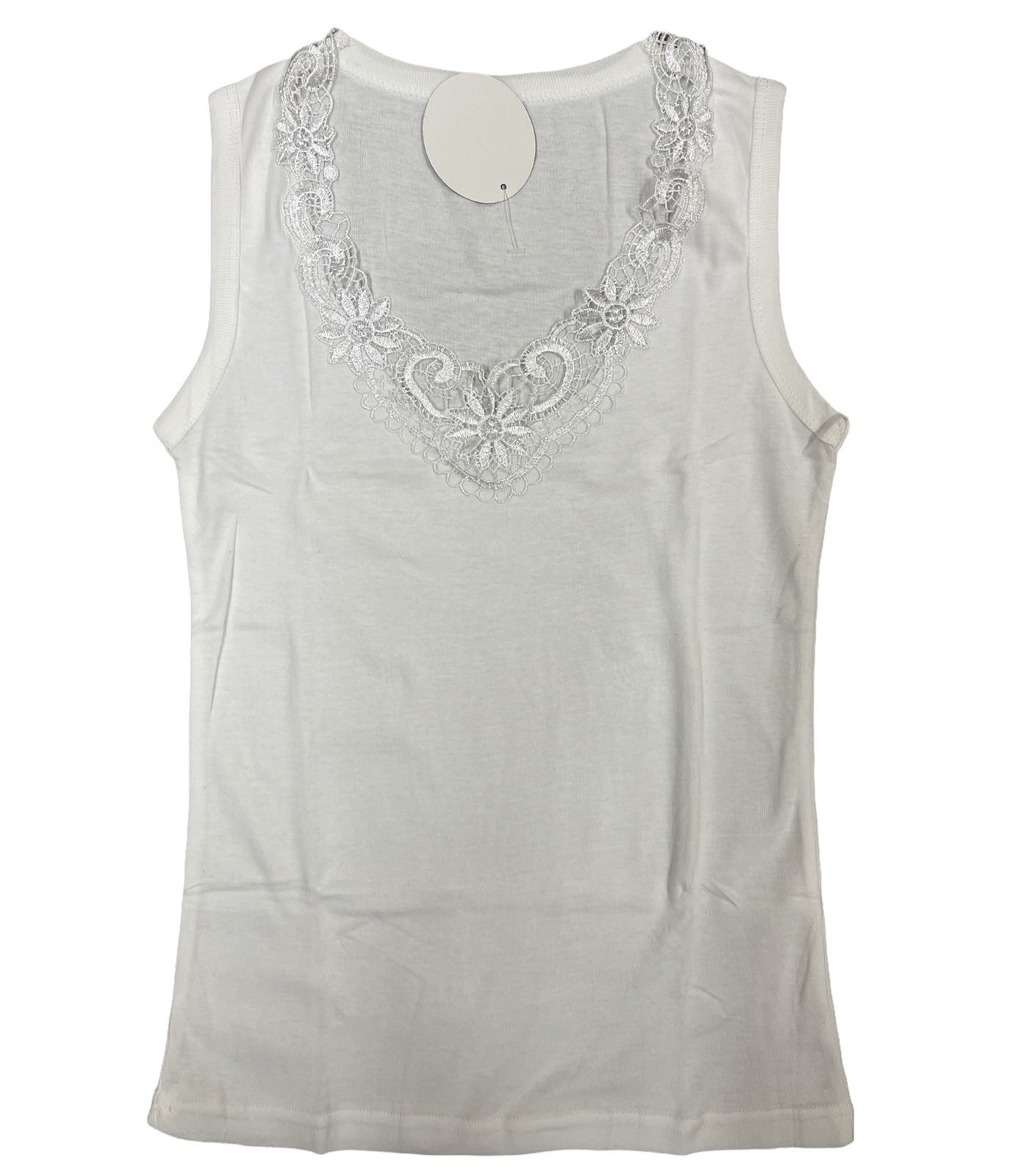 Ladies Sleeveless Singlet Top Womens Summer Basic Tank Shirt Lace Motif Front - Natural - 12-14