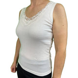 Ladies Sleeveless Singlet Top Womens Summer Basic Tank Shirt Lace Motif Front - Natural - 14-16