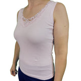 Ladies Sleeveless Singlet Top Womens Summer Basic Tank Shirt Lace Motif Front - Pink - 16-18