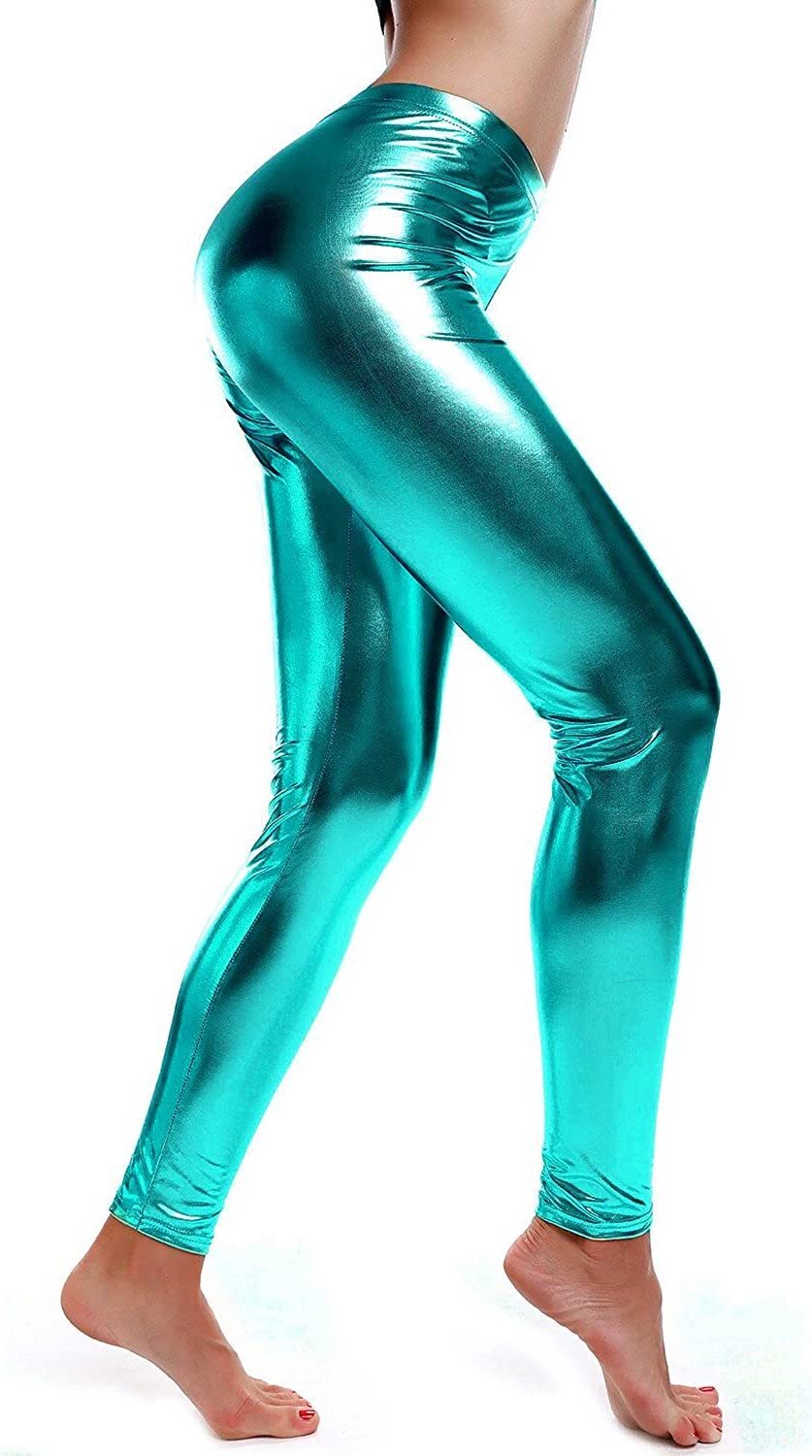 Costumes & Accessories: DELUXE METALLIC LEGGINGS Shiny Neon Stretch Dance Costume Fancy Dress Party - Blue