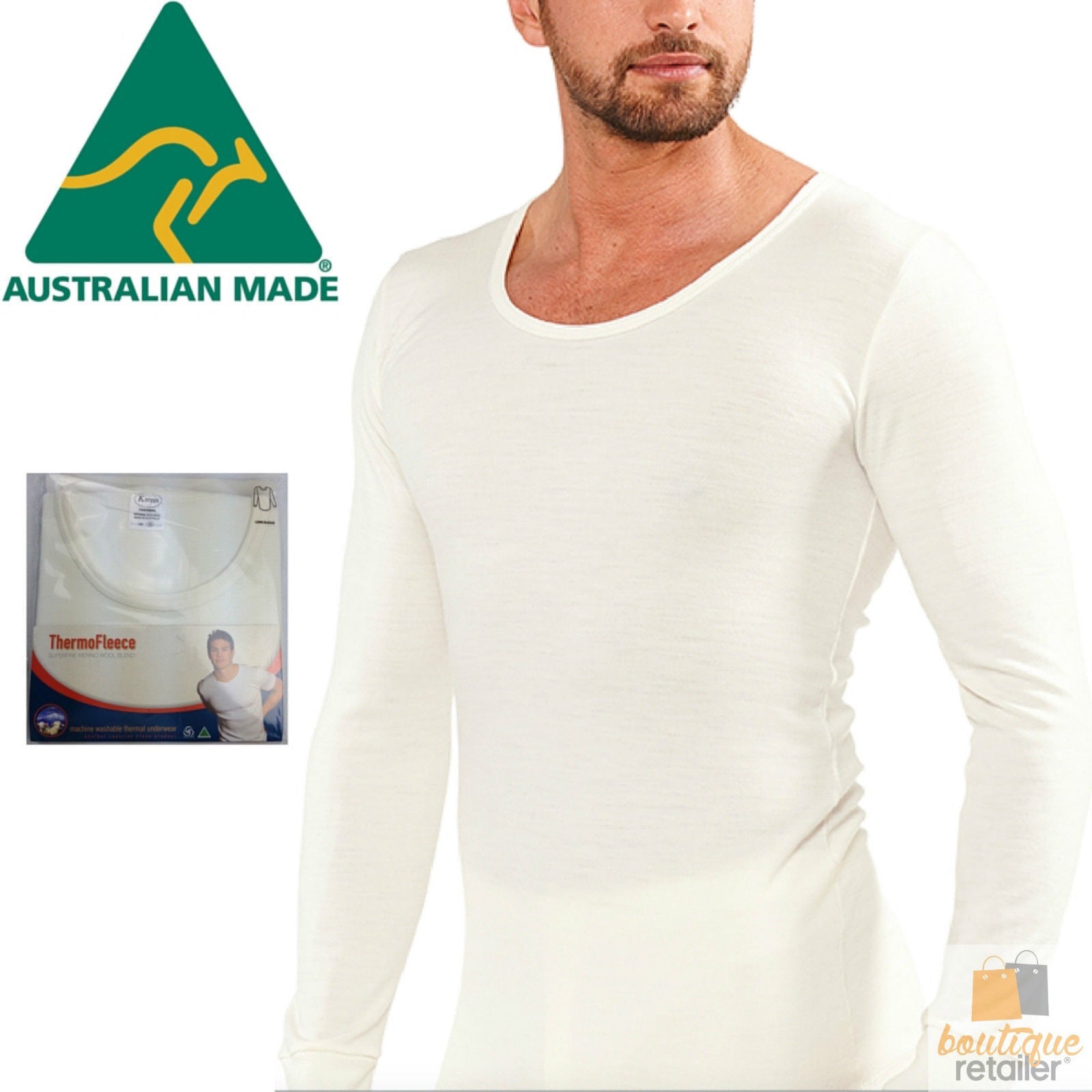 Men's Underwear & Socks: Mens THERMAL Long Sleeve Top Merino Wool Blend Underwear AUS MADE Thermals Warm - Medium (95cm)