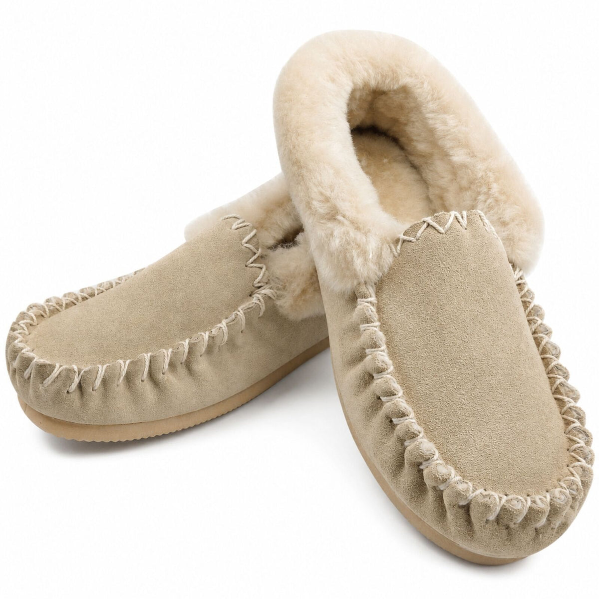 Sheepskin Merino Wool Moccasin Slippers Genuine UGG Slip On - Beige (Sand)