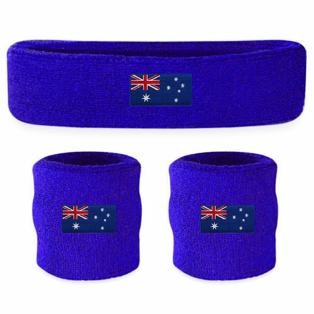 Costumes & Accessories: WRISTBAND & HEADBAND SET Tennis Terry Towelling Cotton Sweat Band Team Gym  - Australia Flag