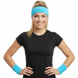 WRISTBAND & HEADBAND SET Tennis Terry Towelling Cotton Sweat Band Team Gym  - Sky Blue