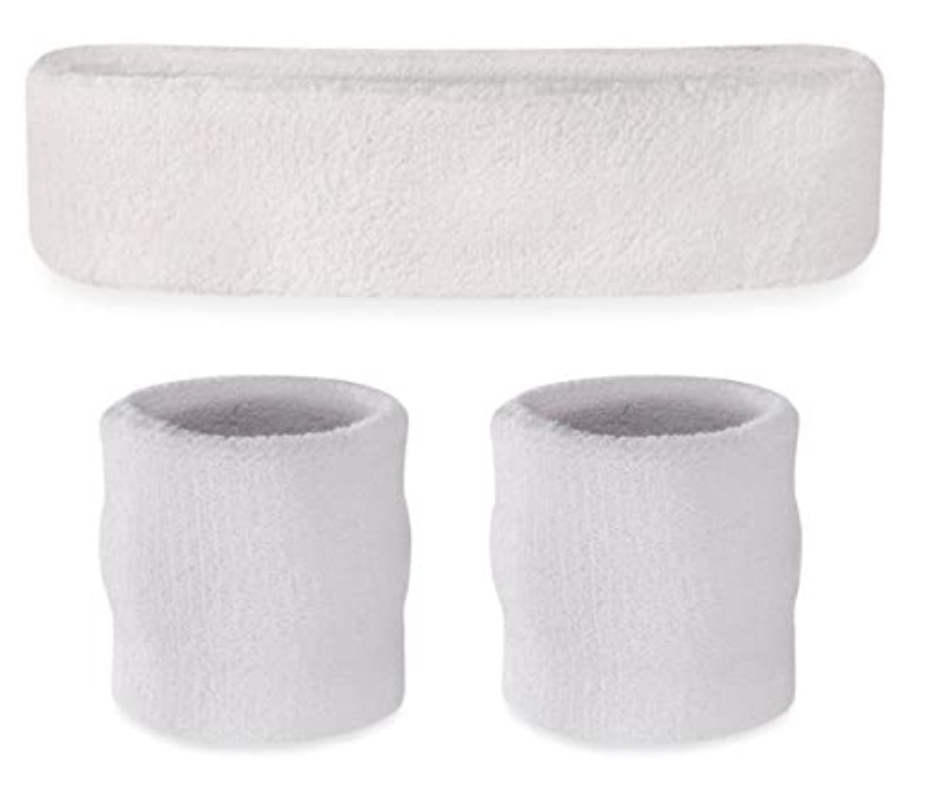 Costumes & Accessories: WRISTBAND & HEADBAND SET Tennis Terry Towelling Cotton Sweat Band Team Gym  - White