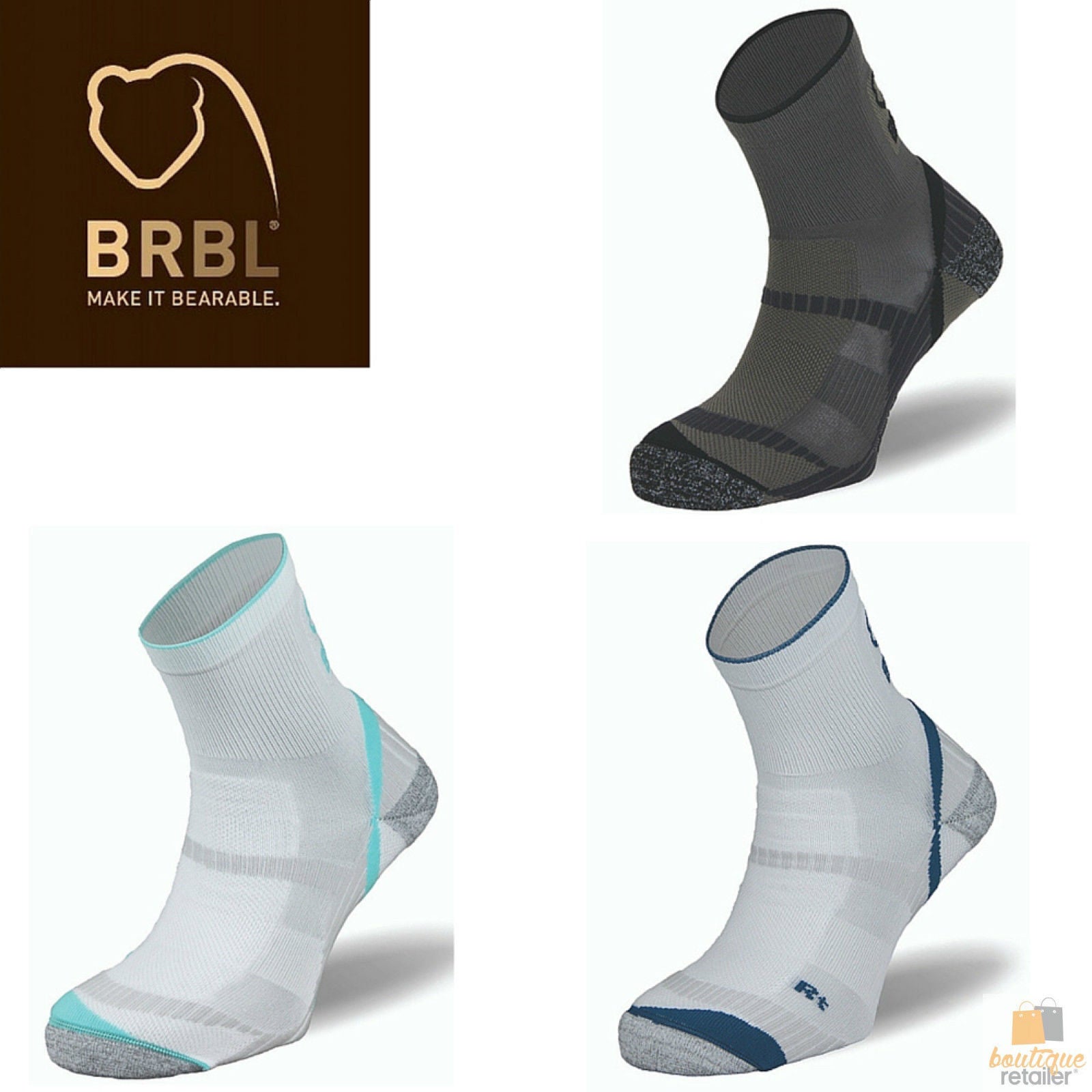 BRBL Atlas Socks Hiking Trekking Trail Run Outdoor Camping MADE IN ITALY Crew - Grey/Black - S