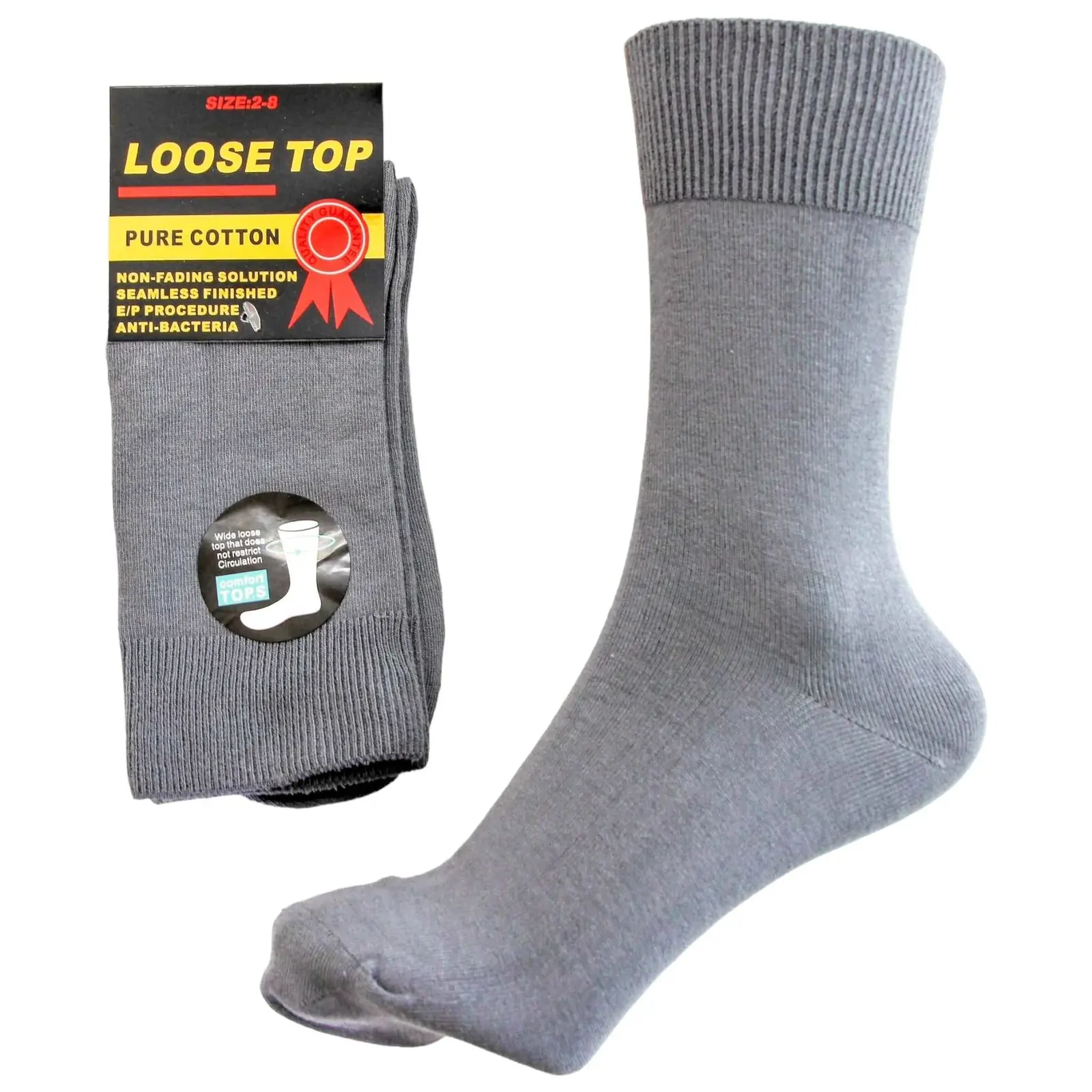 1x Pair COTTON Rich LOOSE TOP SOCKS Circulation Diabetic Comfort in Grey - 6-11