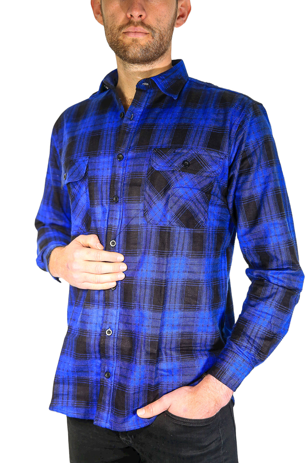 Mens Flannelette Long Sleeve Shirt 100% Cotton Check Authentic Flannel - Full Placket - Royal Blue  - L