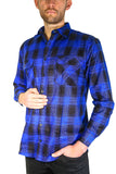 Mens Flannelette Long Sleeve Shirt 100% Cotton Check Authentic Flannel - Full Placket - Royal Blue  - L