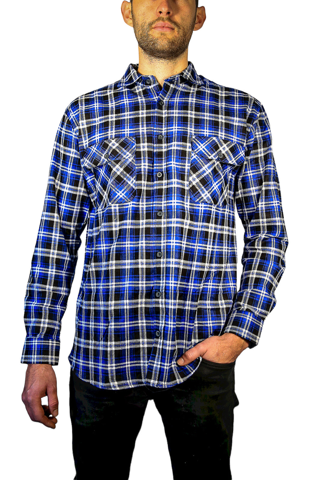Mens 100% Cotton Flannelette Shirt Long Sleeve Check Authentic Flannel - Denim - 4XL