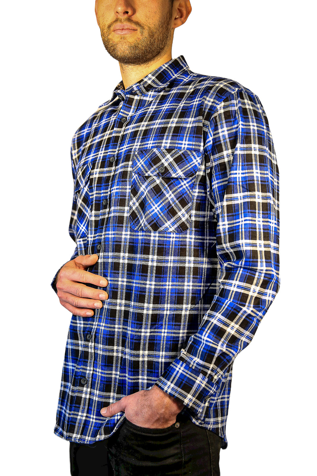 Mens 100% Cotton Flannelette Shirt Long Sleeve Check Authentic Flannel - Denim - 5XL